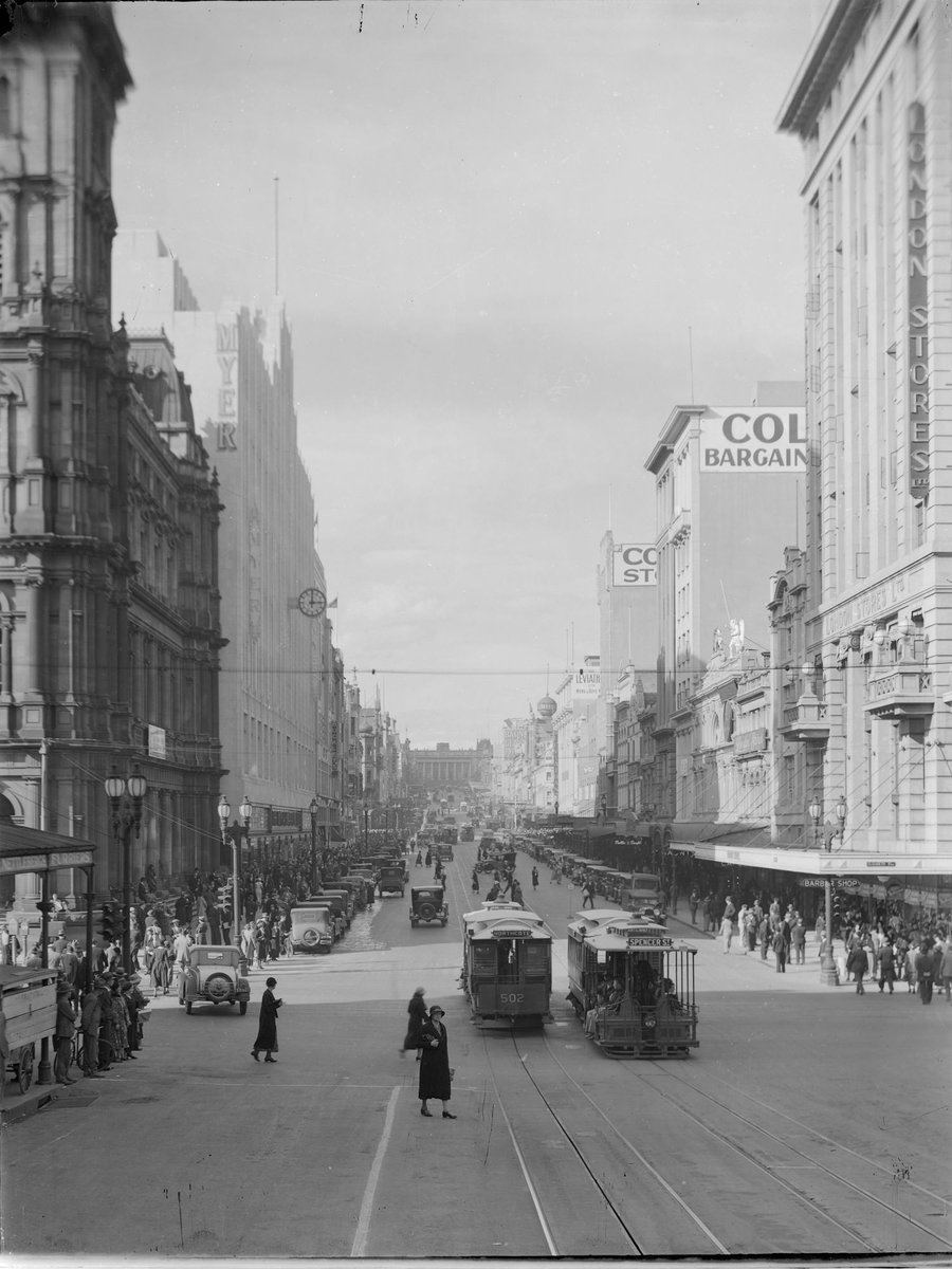 Bourke Street, Melbourne, from just below Elizabeth Street, looking east towards Parliament House, East Melbourne (c. 1934)
