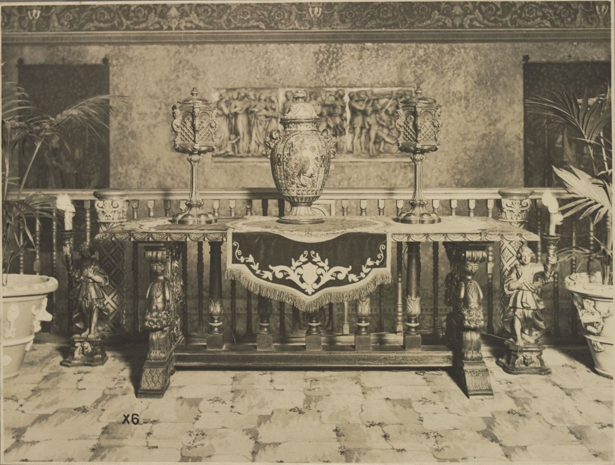 View in dress circle foyer of the State Theatre Melbourne showing pseudo medieval table with large majolica vase (1929)