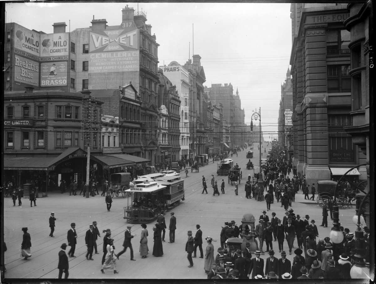 Collins Street looking west from the corner of Elizabeth Street, Melbourne City (c. 1916)
