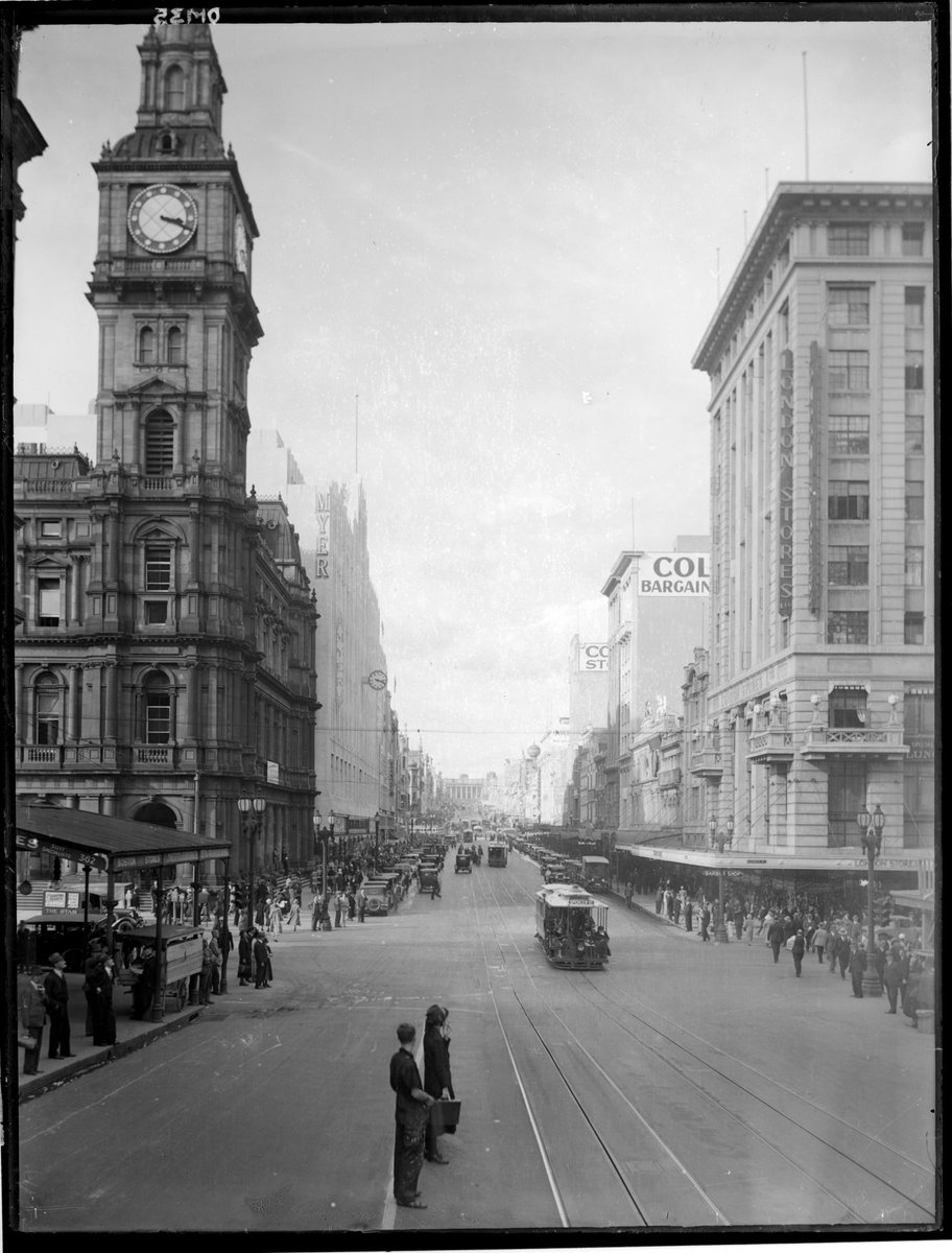 Bourke Street looking east from the corner of Elizabeth Street, Melbourne City (1934–35)