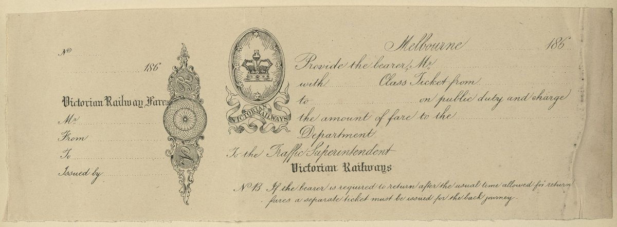 Victorian Railways, Melbourne, blank voucher providing the bearer, on public duty, with a ticket (1851–85)