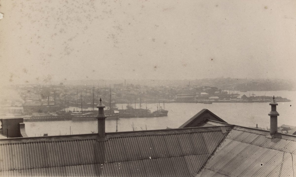 [View over corrugated iron rooftops, possibly towards Yarra River] (1880–1910)