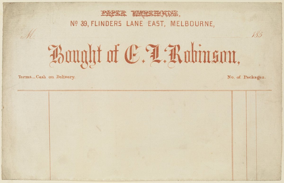 Blank invoice for Paper Warehouse, number 39, Flinders Lane East, Melbourne, bought of E. L. Robinson, terms cash on delivery, Melbourne City (1850s)
