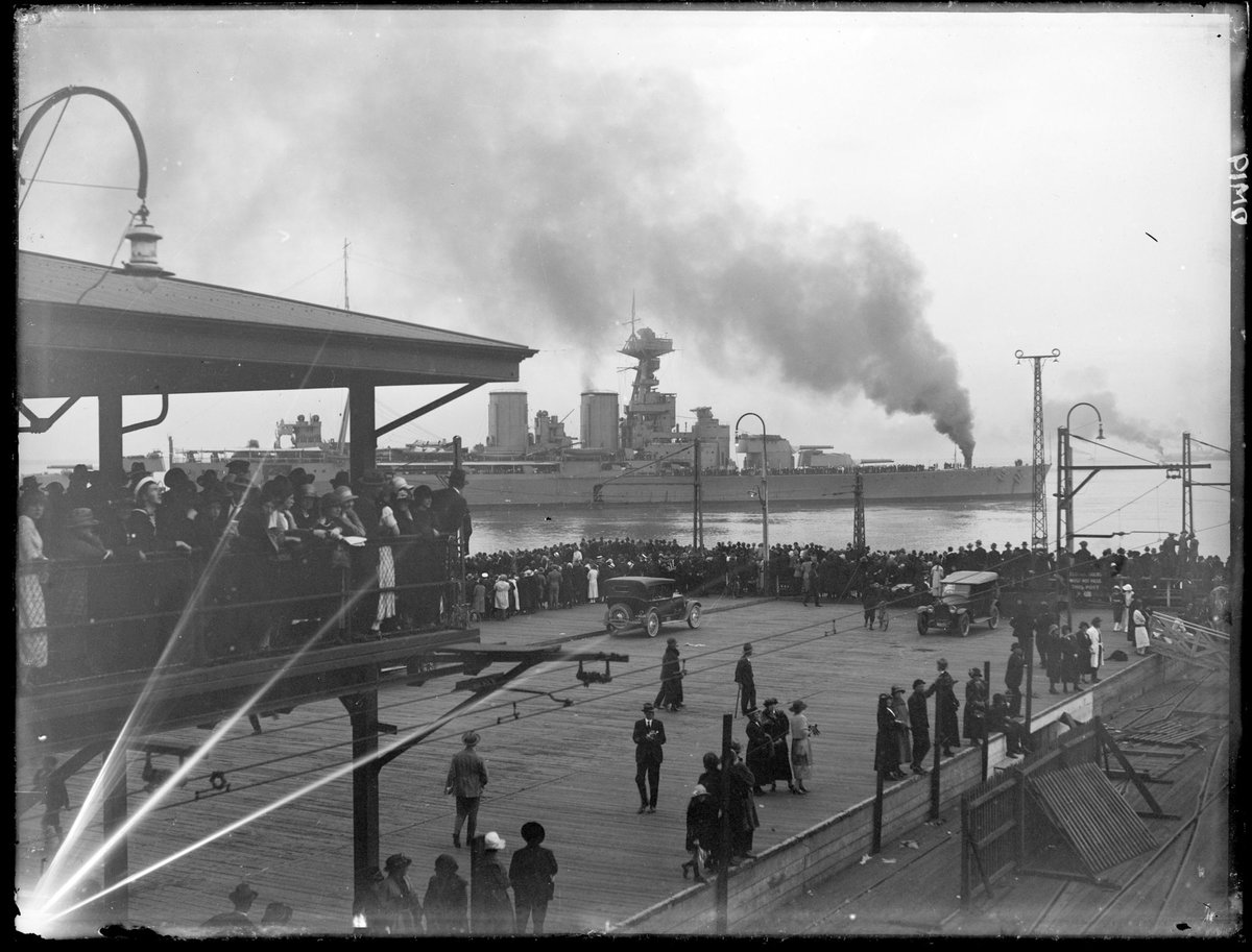 HMS Hood leaving Station Pier, Melbourne, Victoria, Port Melbourne (1924)