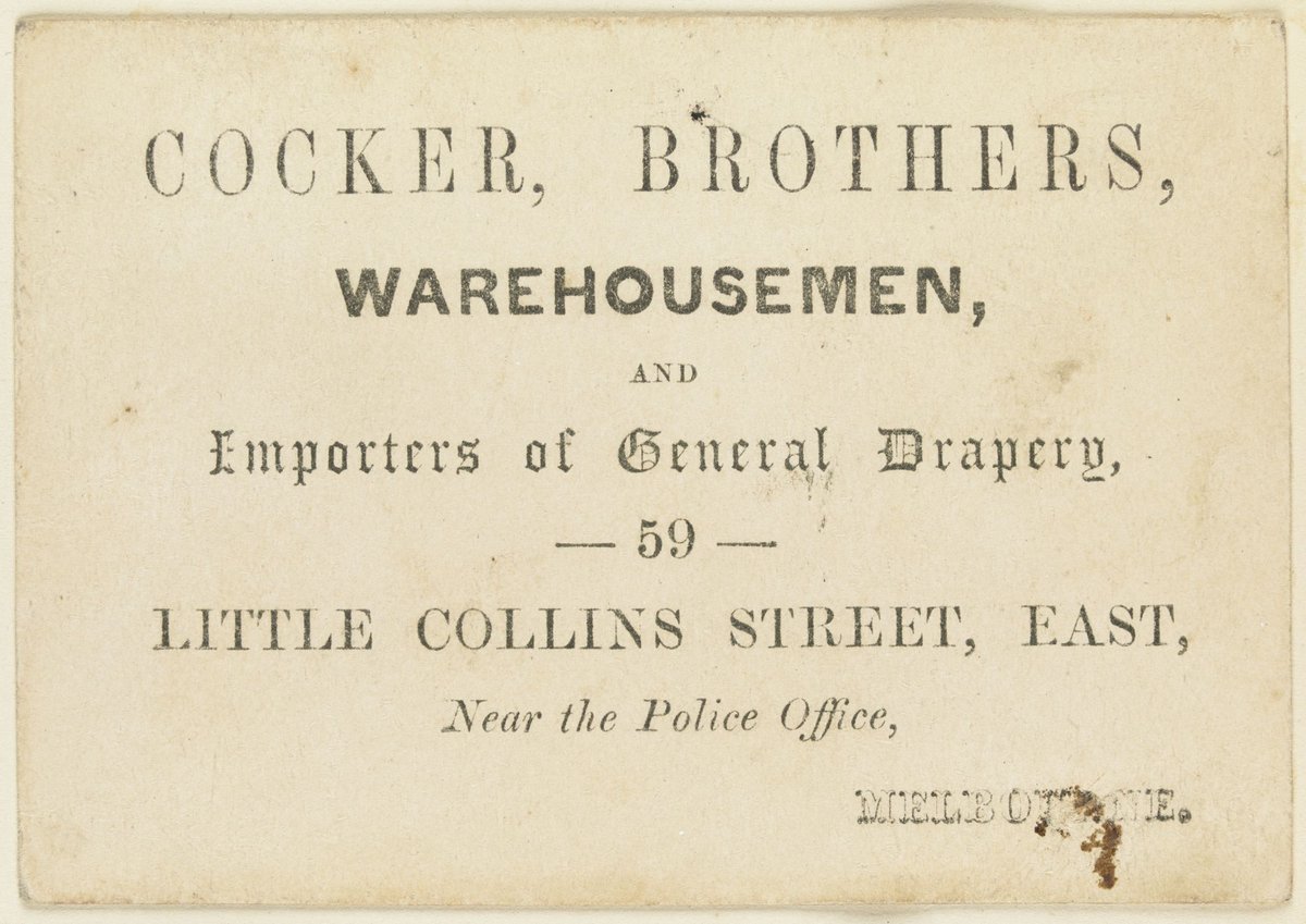 Cocker Brothers, warehousemen, and importers of general drapery, 59 Little Collins Street East, near the Police Office, Melbourne, Melbourne City (1851–80)