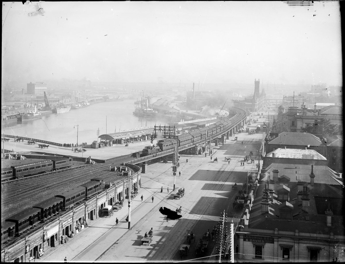 [View south east across Flinders Street towards Queens Bridge and Queens Wharf], Melbourne City (1911)