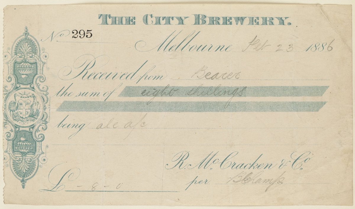 Receipt from the City Brewery, Melbourne, recieved from the bearer, for the some of eight shillings, being ale account, signed R. McCracken and Company (1886)
