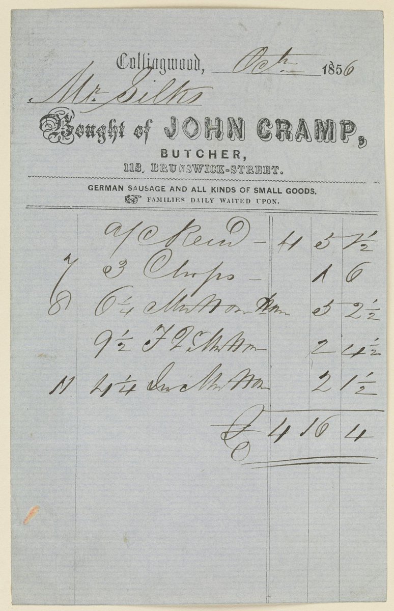 John Cramp's invoice to Mr. Gilks, Collingwood, Oct. 1856