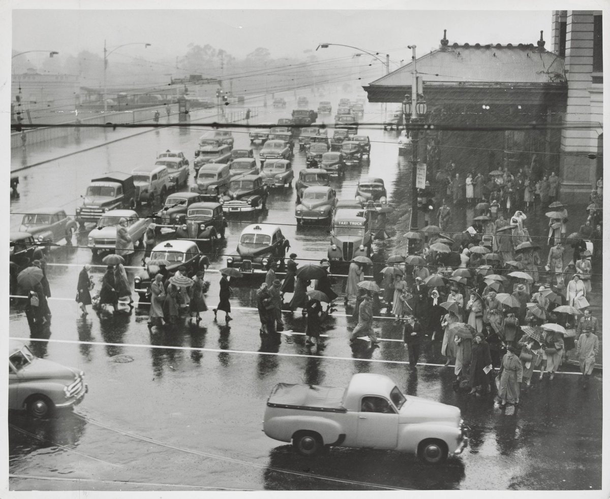 Traffic congestion on the corner of Swanston and Flinders Streets caused by a tram strike, Melbourne City (1954)