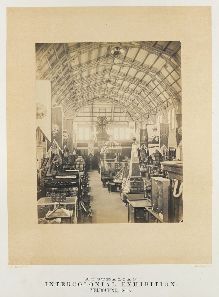 Interior of the Exhibition building, showing exhibits of Melbourne companies and businesses, Carlton (1866–67)