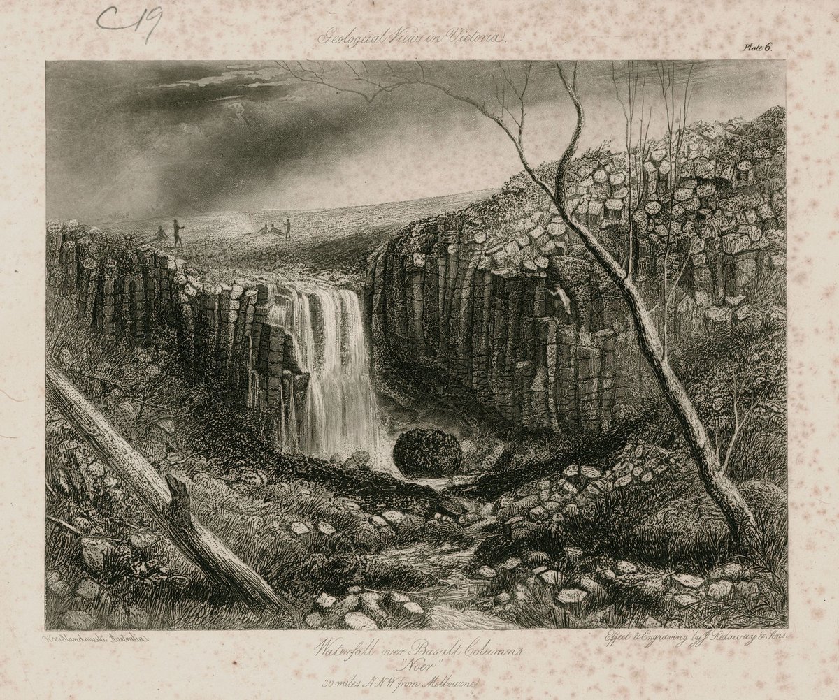 Waterfall over basalt columns "Noer", 30 miles N.N.W. from Melbourne (1855–56)