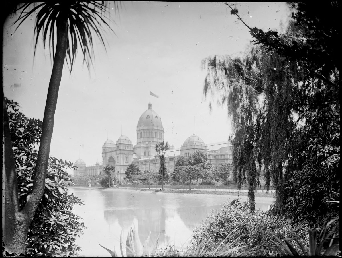 [Looking across lake towards Exhibition Buildings, Carlton, Vic.] (1891–1914)