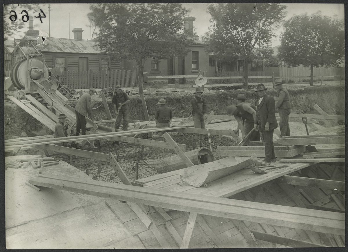 South Kensington to West Footscray, tunnel arch section, Bunbury Street showing formwork for smoke vent in tunnel (1927)