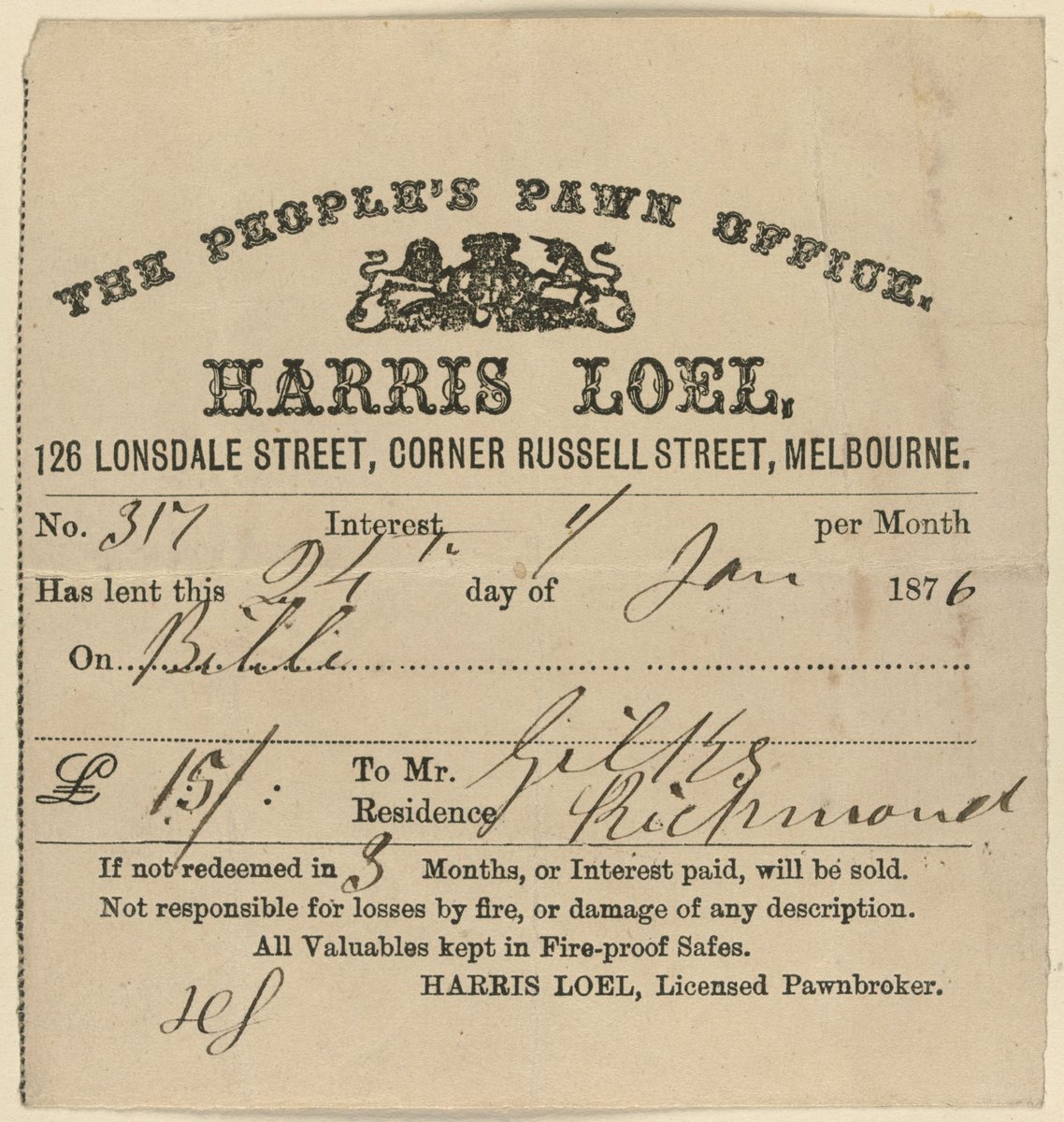 Receipt to Mr. Gilks from The People's Pawn Office, Harris Loel, 126 Lonsdale Street, Corner Russell Street, Melbourne, Melbourne City (1870–76)
