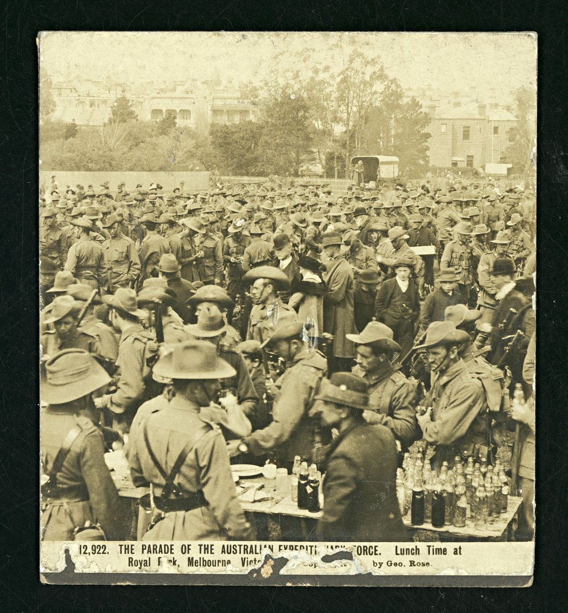The Parade of the Australian Expeditionary Force - lunch time at Royal Park, Melbourne, Victoria, Parkville (1914)