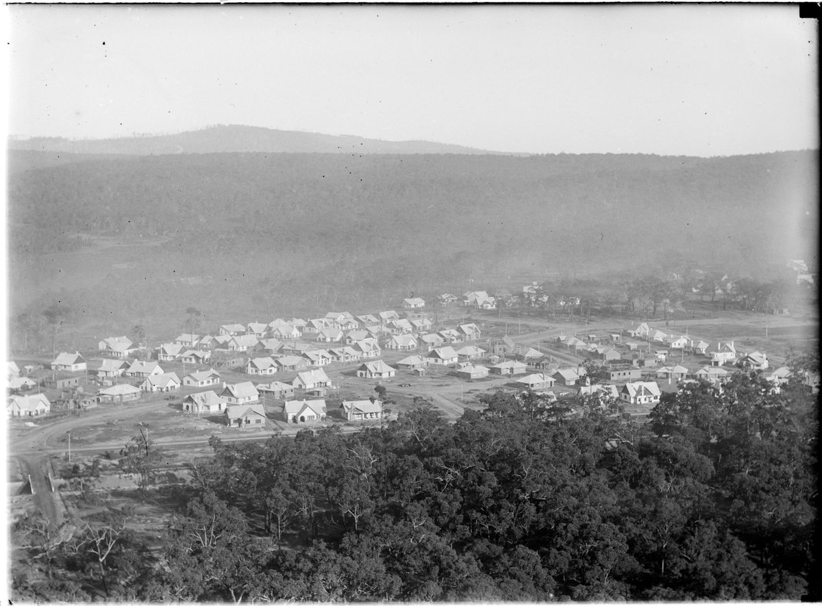 Yallourn - township from briquette factory chimney, shows "Melbourne Swamp" later to become sports grounds picture (1920–30)