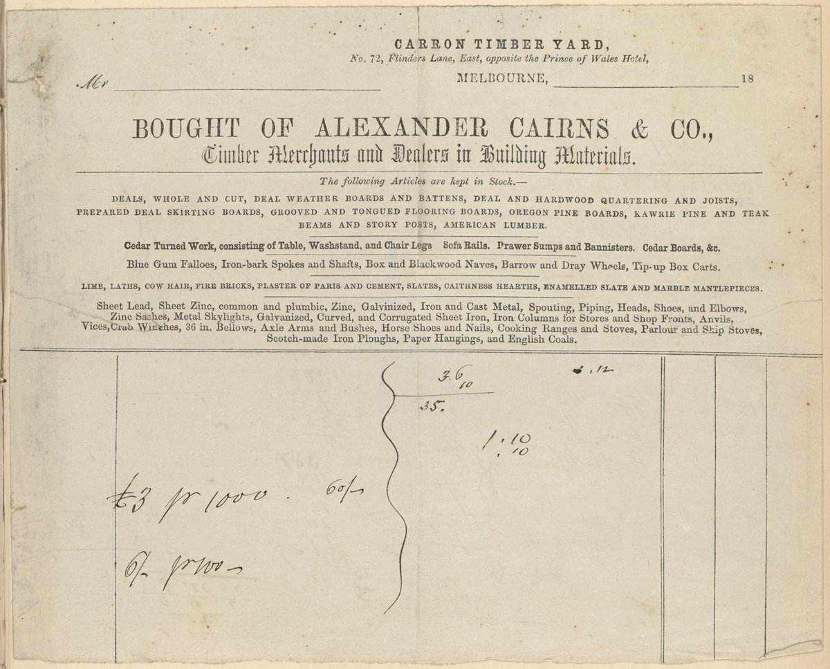 Alexander Cairns and Company invoice to Carron Timber Yard, number 72 Flinders Lane East, opposite the Prince of Wales Hotel, Melbourne, Melbourne City (1851–85)