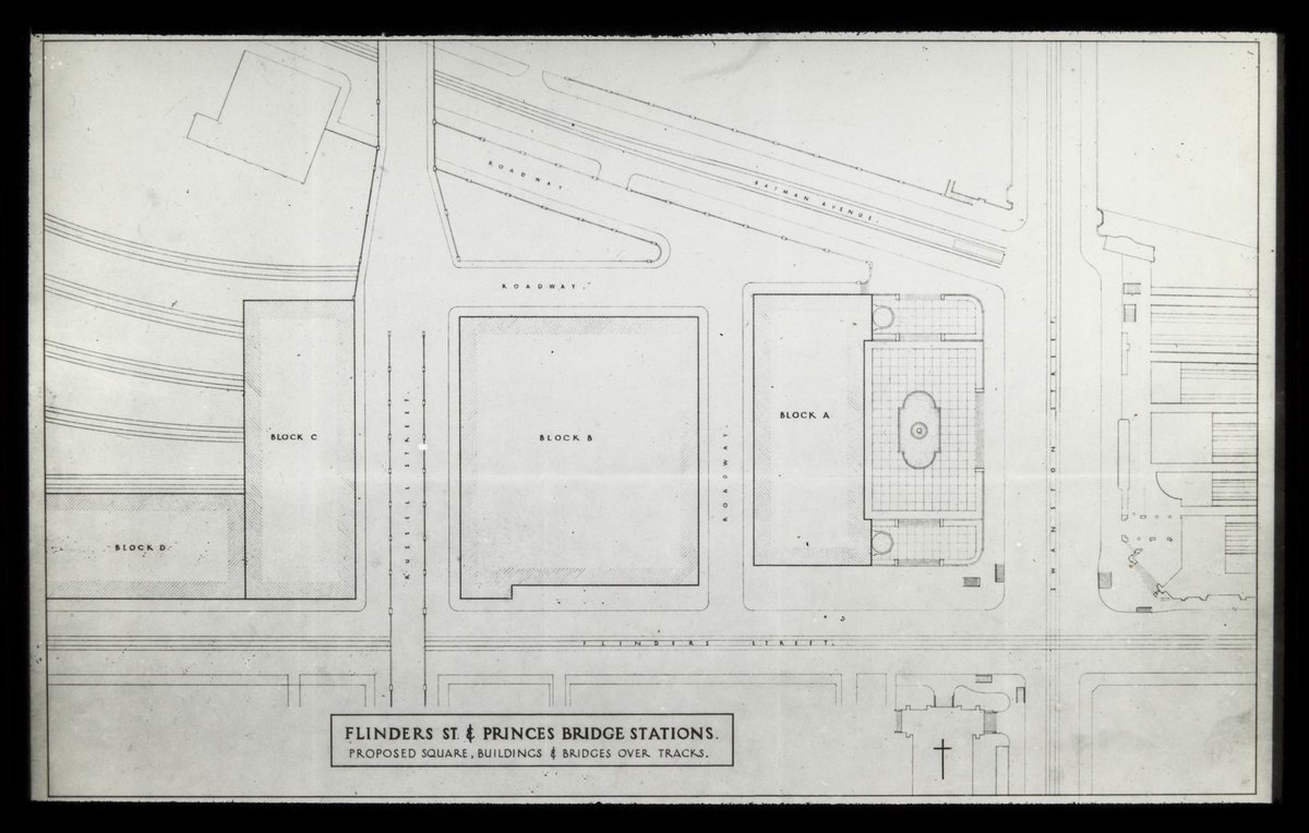 Flinders St. & Princes Bridge Stations - proposed square, buildings & bridges over tracks, Melbourne City (1930–50)