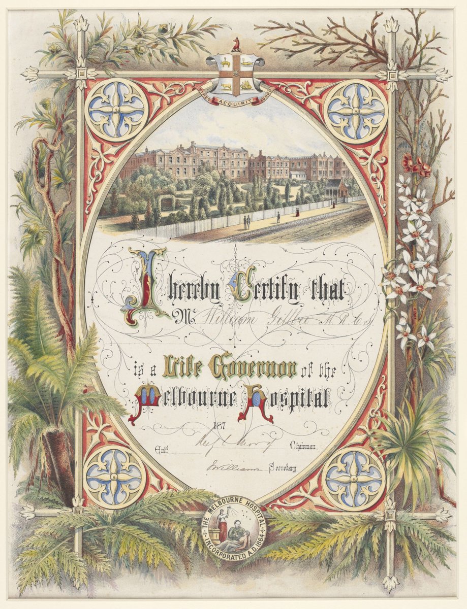 [Certificate conferring on William Gillbee a life governorship of the Melbourne Hospital], Melbourne City (1870s)