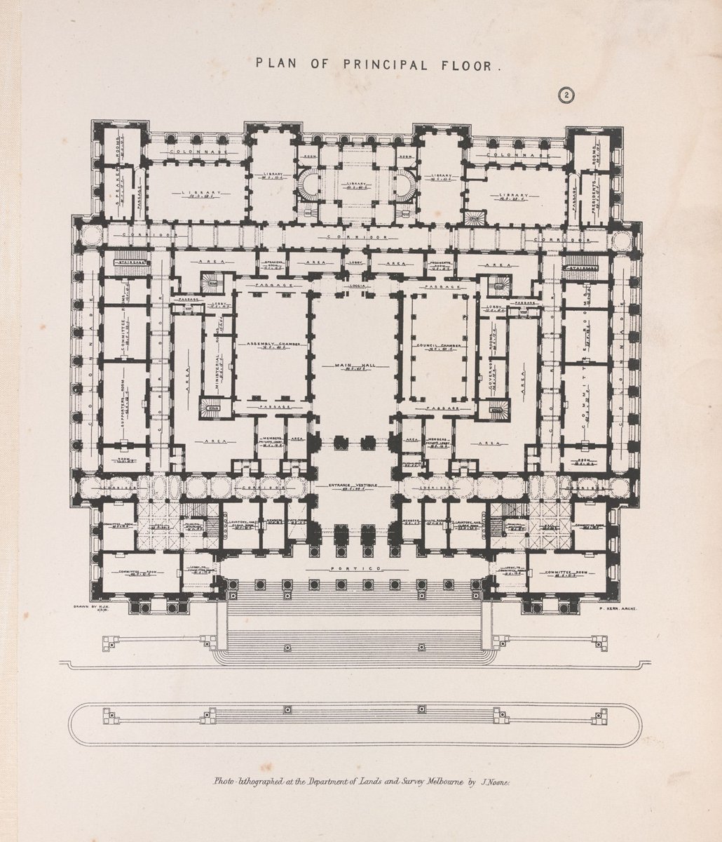Plan of principal floor ; and, Longitudinal Section, Houses of Parliament, Melbourne, East Melbourne (1886)
