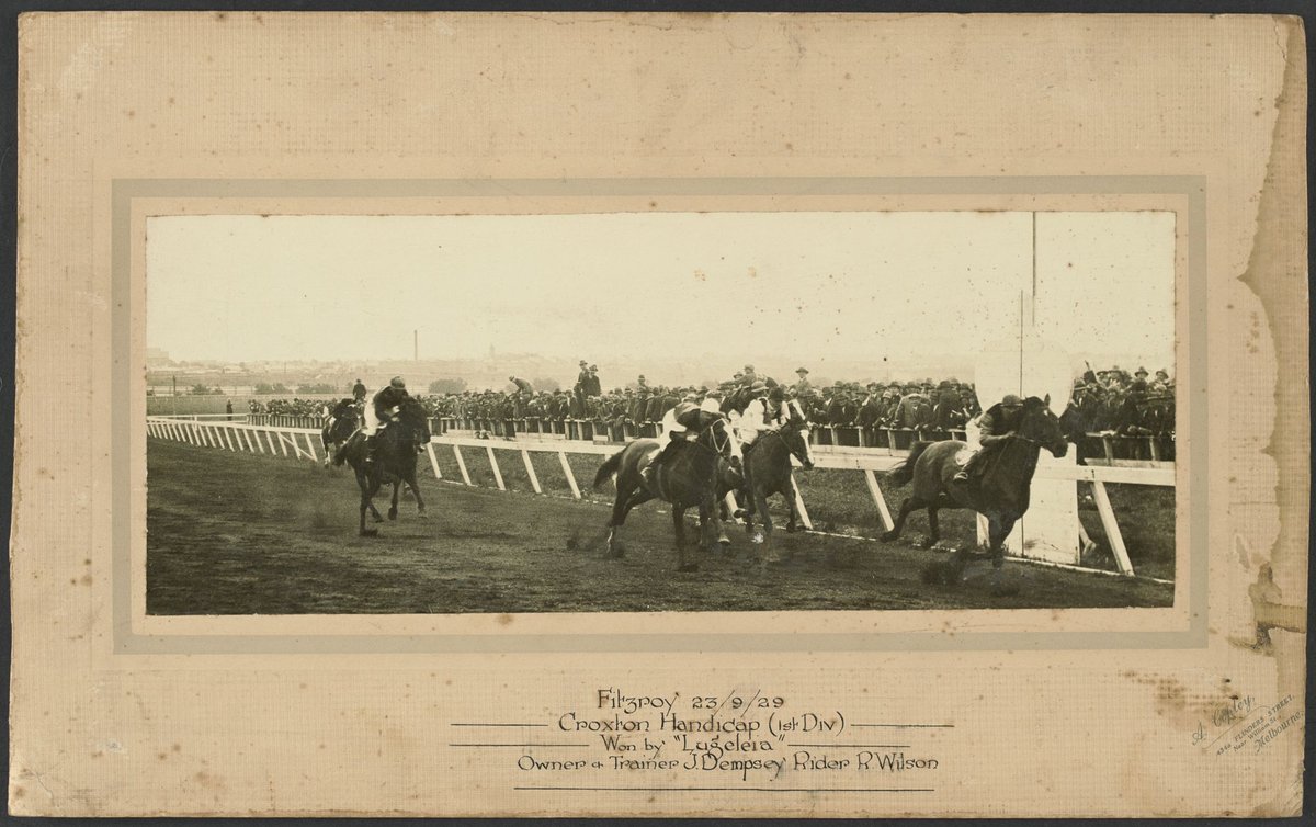 Fitzroy, 23/9/29, Croxton Handicap (Ist Div) Won by "Lugeleia" Owner & Trainer J. Dempsey. Rider R. Wilson (1929)