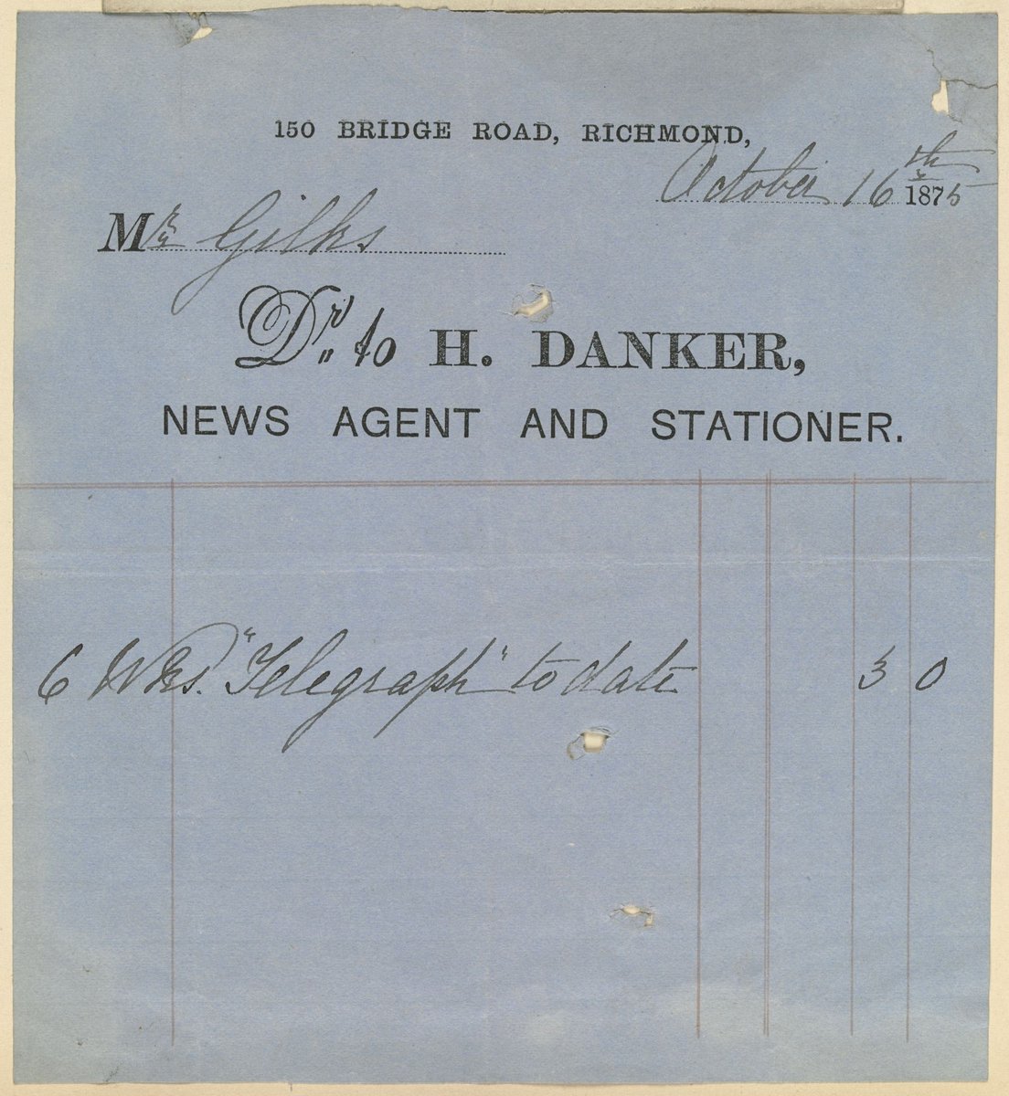 Receipt from H. Danker, newsagent and stationer, 150 Bridge Road, Richmond (1851–85)