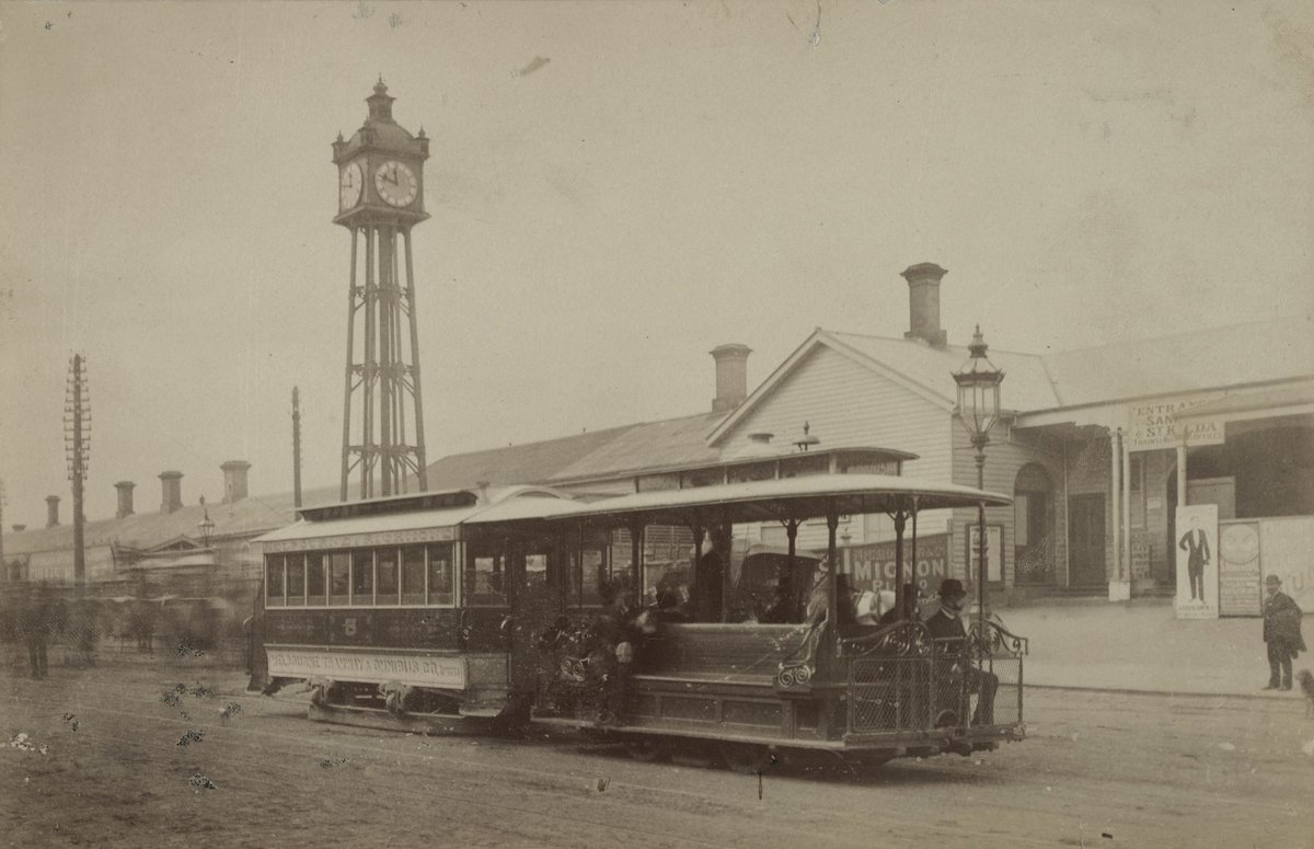 Tram in front of former Flinders Street Station, Melbourne City (c. 1900)