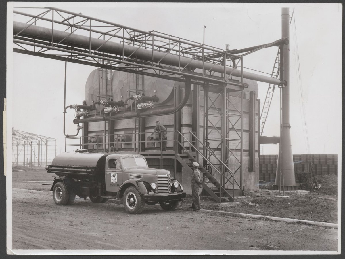 Bitumen reheater furnace with insulated road tank wagon for bulk delivery ...Vacuum Oil Company [Altona, Victoria] (c. 1949)