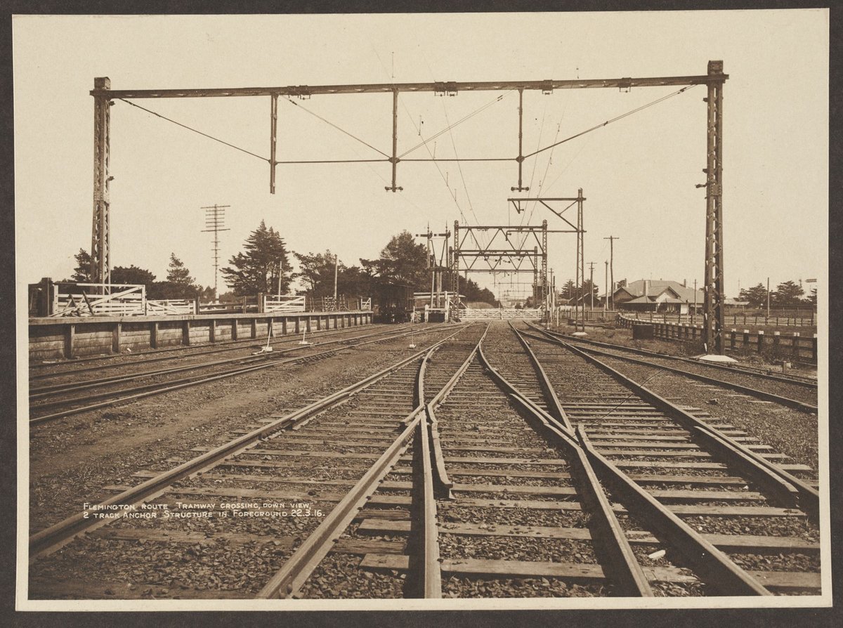 Flemington route, tramway crossing down view (1916)