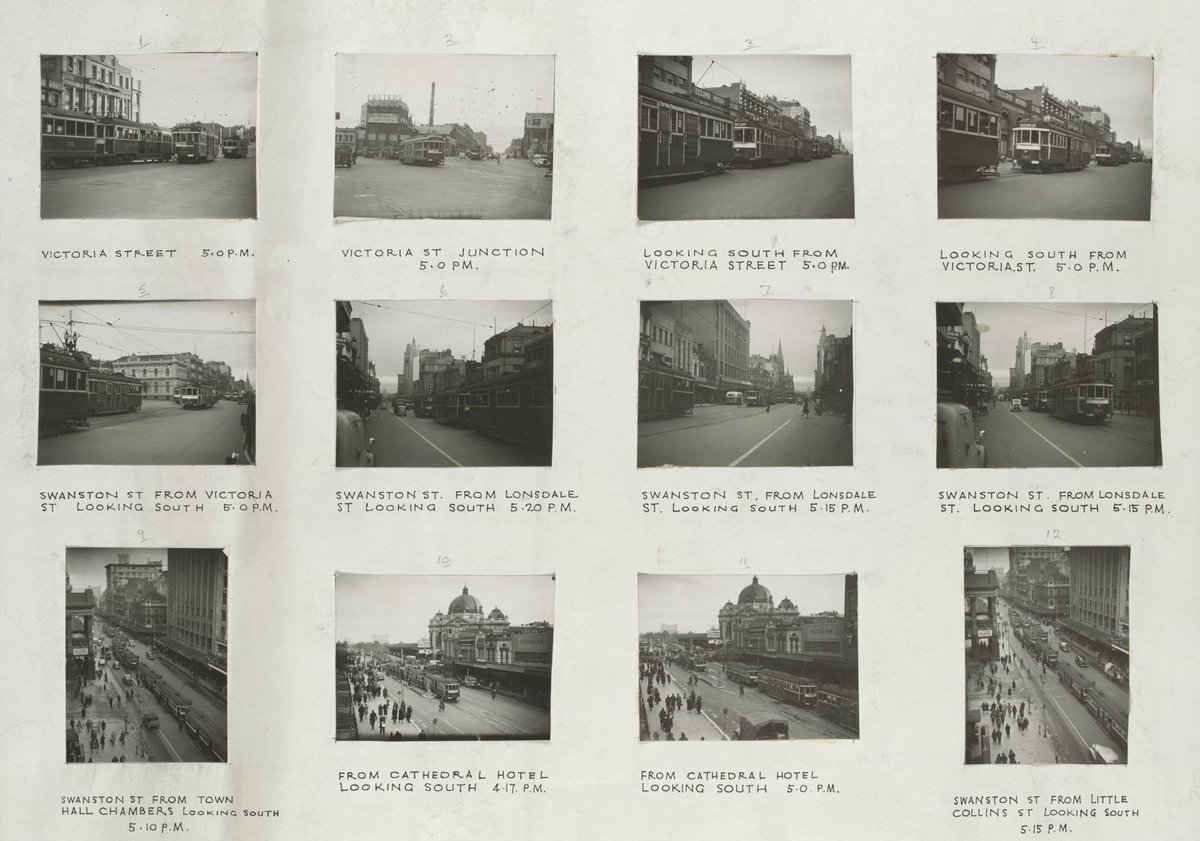 [Melbourne trams on Victoria and Swanston Streets], Melbourne City (1940–50)
