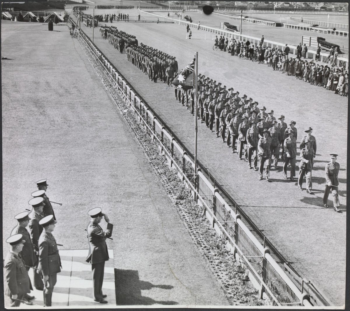 Governor Geneal [i.e. General] inspects A.I.F. at Caulfield [Racecourse] (c. 1940)