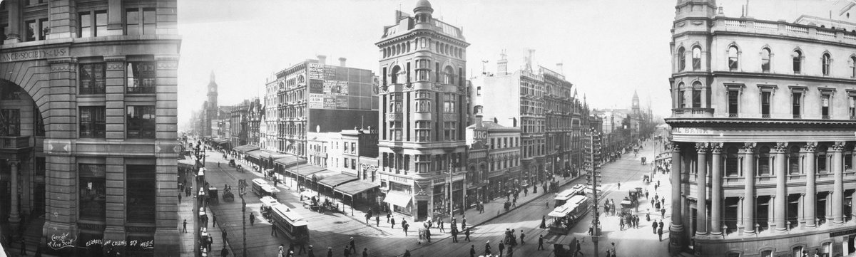 Panoramic view of the corner of Collins and Elizabeth Street, Melbourne, Melbourne City (c. 1905)