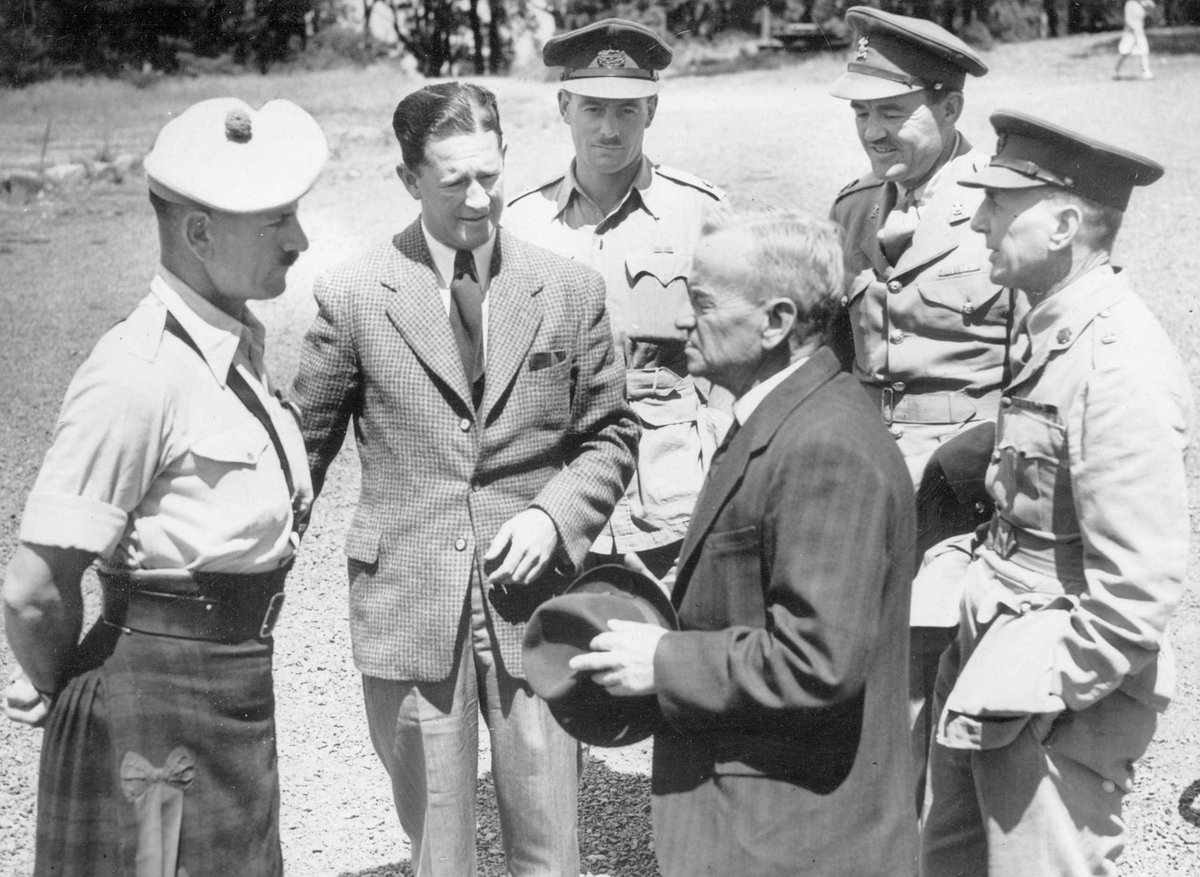 Mr. James Dewar, who joined the Black Watch in 1897, meets some of its current members in Melbourne