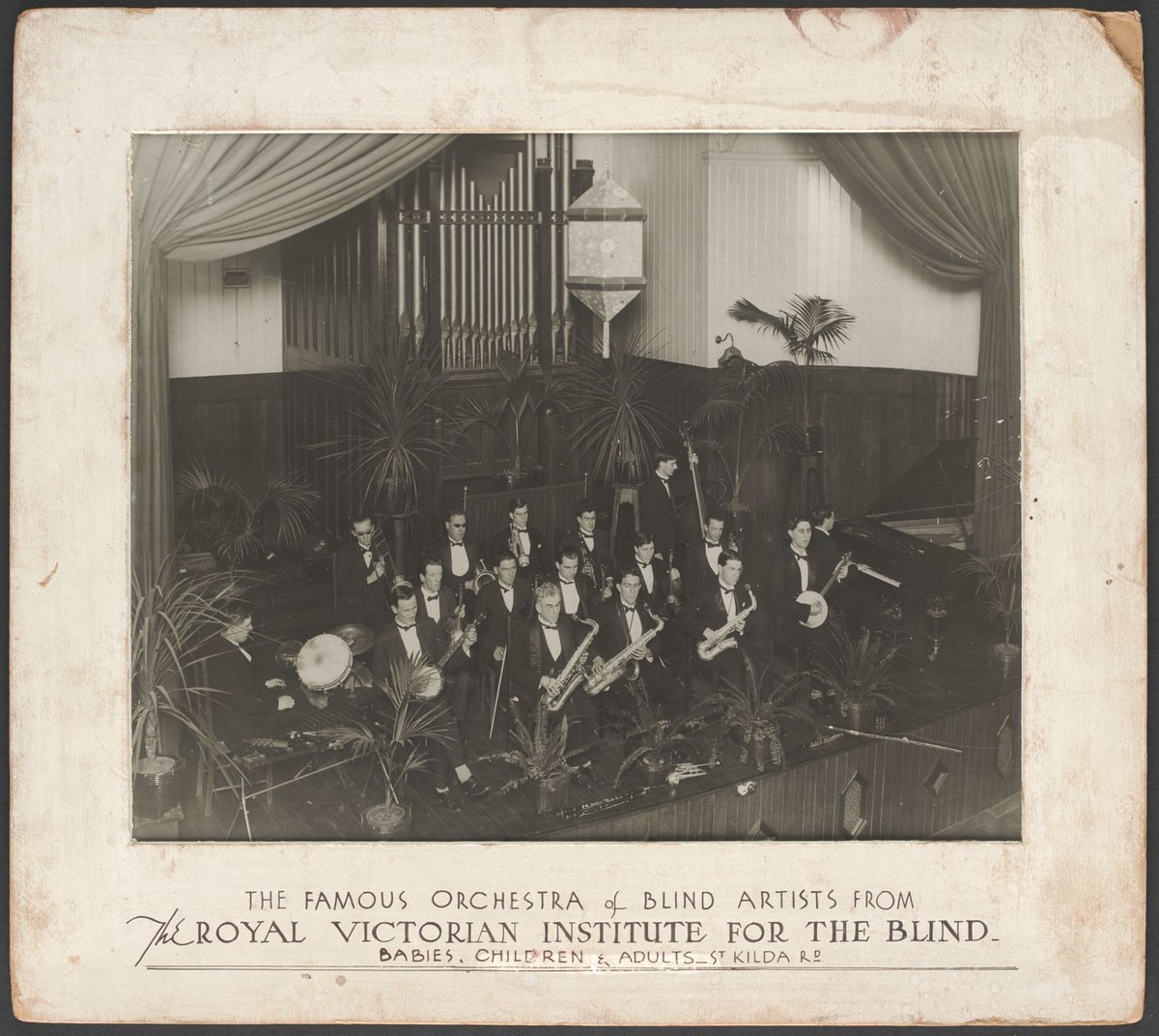 The famous orchestra of blind artists from the Royal Victorian Institute for the Blind - babies, children & adults - St. Kilda Rd, Melbourne City (1920–30)