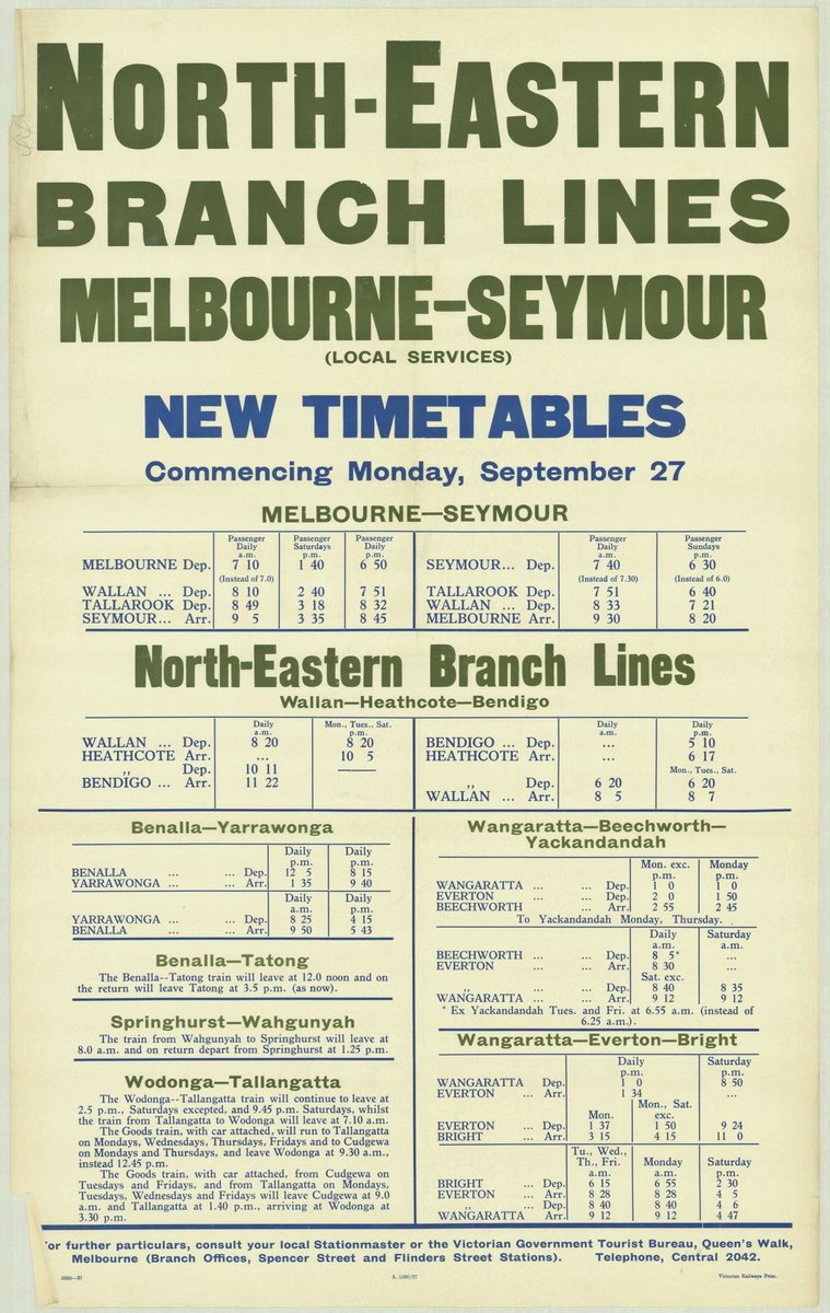 North-eastern branch lines Melbourne-Seymour new timetables (1935–42)