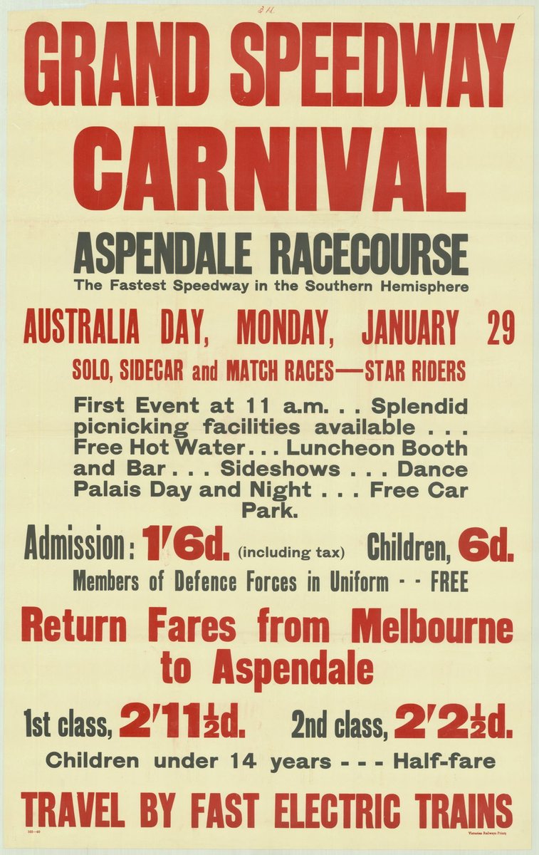 Grand speedway carnival - Aspendale racecourse - the fastest speedway in the southern hemisphere - Australia Day Monday January 29 (1935–42)