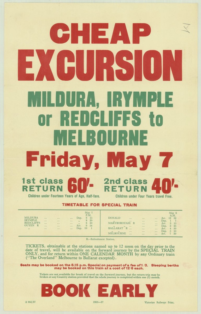 Cheap excursion - Mildura - Irymple or Redcliffs to Melbourne - Friday May 7 (1935–42)