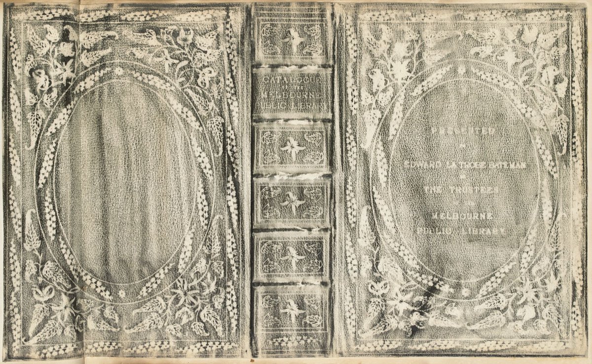 Rubbing of the front cover and spine of an album presented to Edward La Touche Bateman by the trustees of the Melbourne Public Library, Melbourne City (1867?)