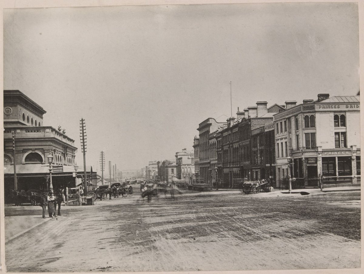 Flinders Street, Melbourne, looking west from Swanston Street, Melbourne City (c. 1870)