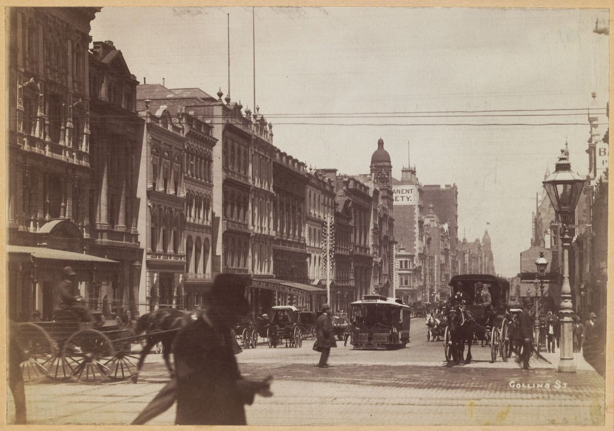 Collins Street Melbourne, looking west from Swanston Street, Melbourne City (c. 1890)