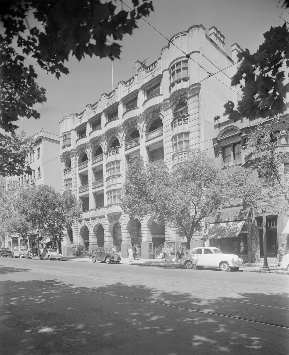 Exterior, Melbourne Mansions, apartment building, 91-101 Collins Street, Melbourne, Melbourne City (1952)