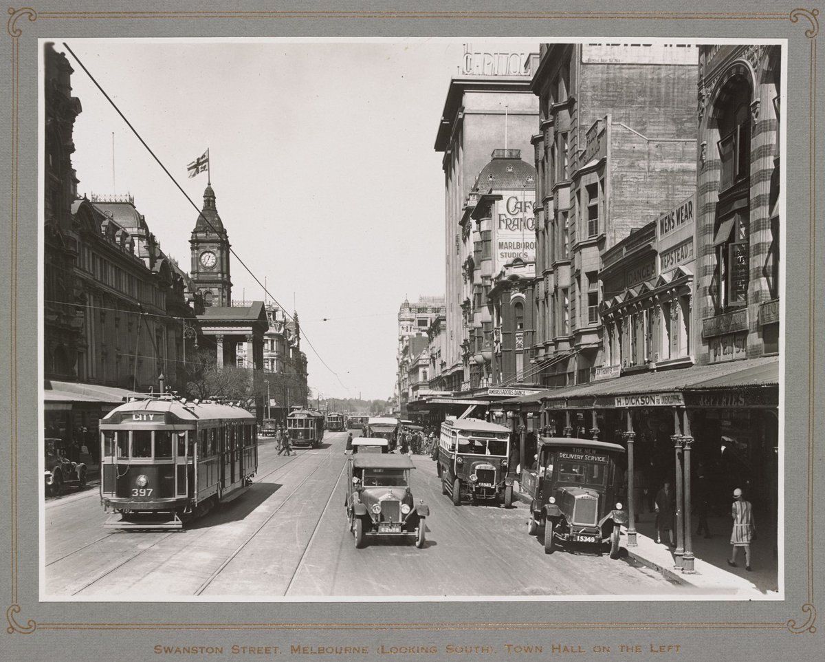Swanston Street, Melbourne (looking south), Town Hall on the left, Melbourne City (1926)