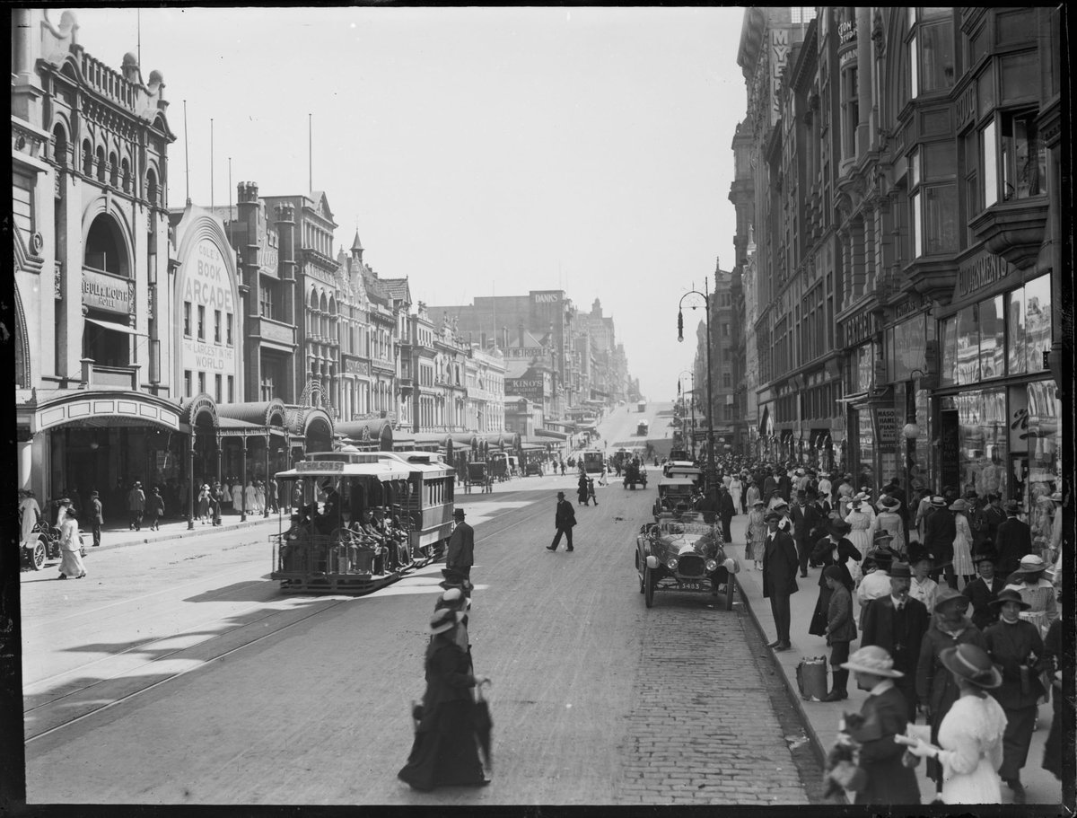 Bourke Street looking west from Swanston Street towards Elizabeth Street, Melbourne City (c. 1916)