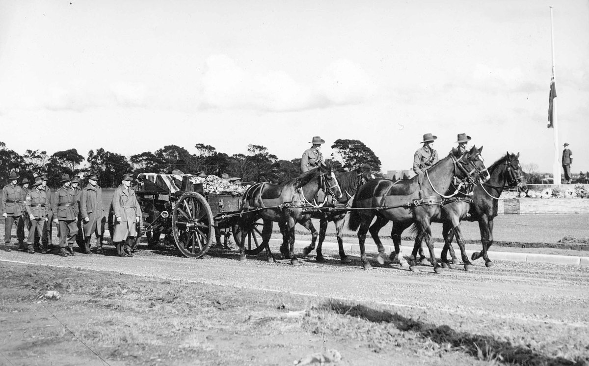 Gun carriage and pall bearers enter Springvale Cemetery for military funeral of Lt. Stewart Woods (c. 1943)