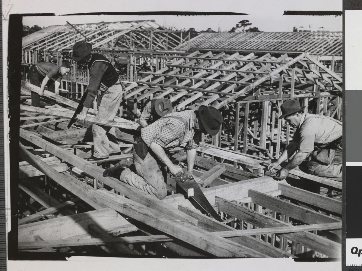 Erecting the new army barracks in the Albert Park near St. Kilda Football Ground, St Kilda (c. 1943)