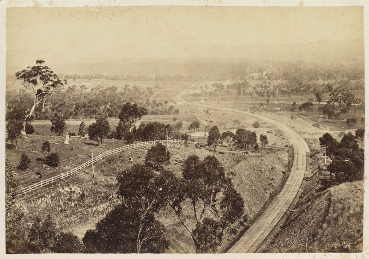 VIEW FROM THE BIG HILL, SHOWING THE LINE OF RAILWAY TO MELBOURNE (c. 1875)