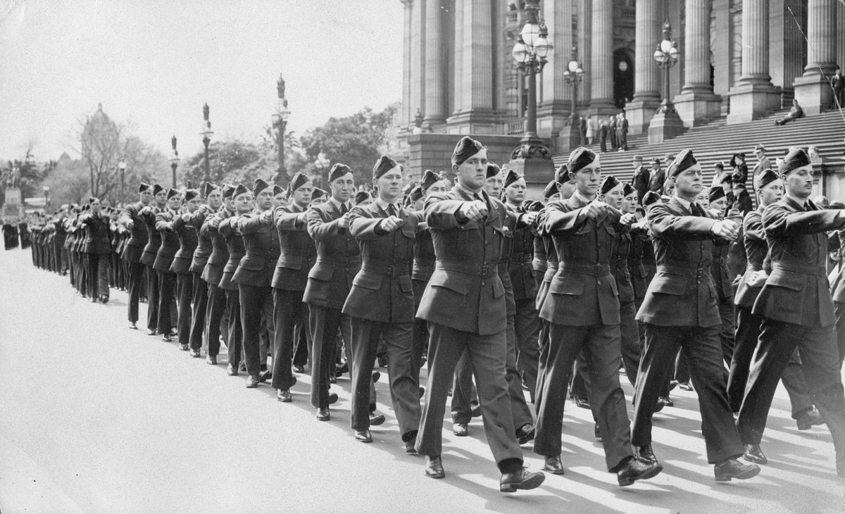R.A.A.F. in Spring St. passing Parliament House, East Melbourne (c. 1941)