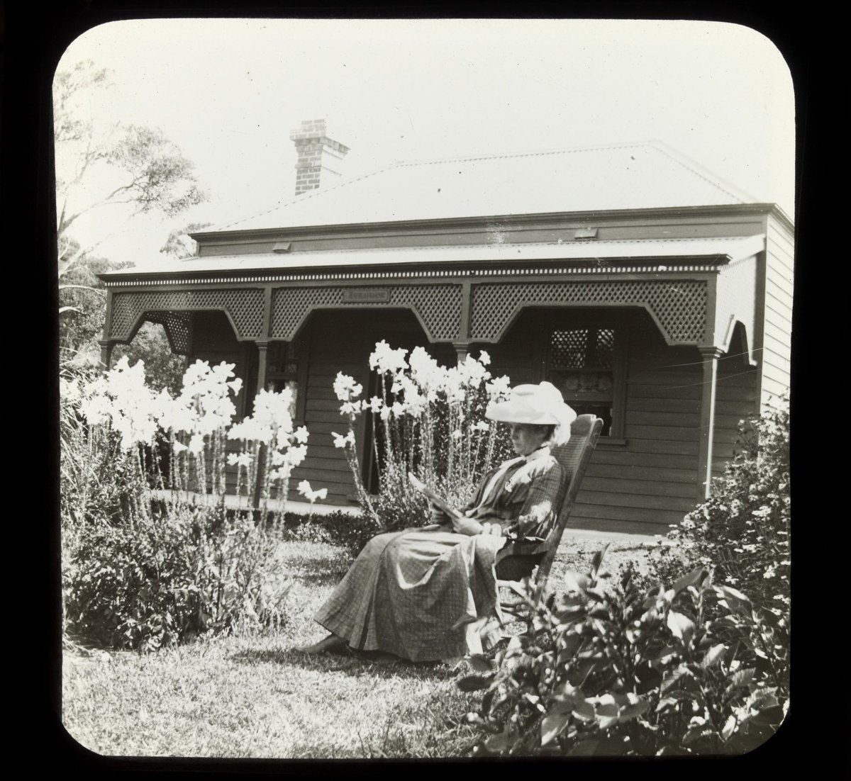 Georgina Wardell in garden "Ivanhoe" March 1906 [Sorrento] [slide]
