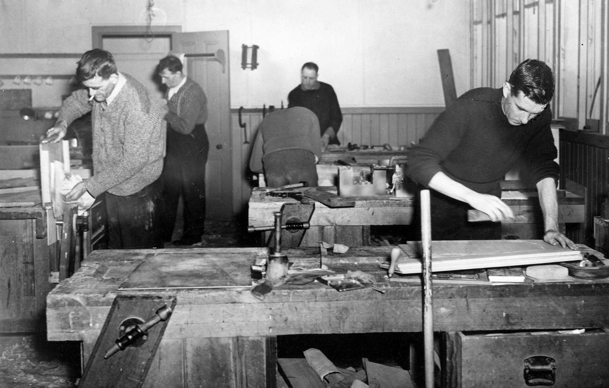 Invalid soldiers working in the woodcraft section of the Caulfield Military Hospital (c. 1942)