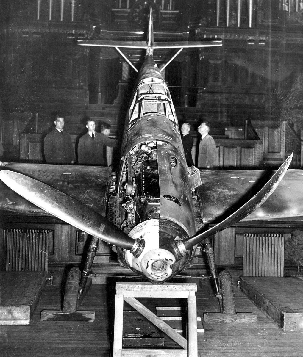 Messerschmiddt on view at Melb. [i.e. Melbourne] Town Hall in position to represent a dive, Melbourne City (1939–45)